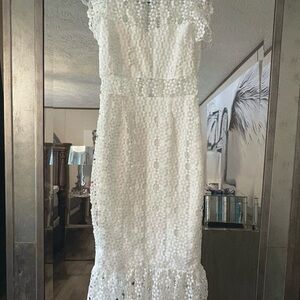White Floral Lace Midi Dress with Ruffled Hem